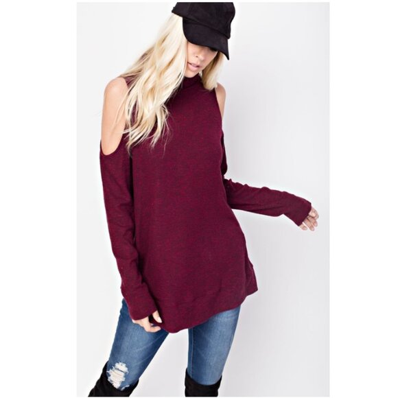 143 Story Burgundy Cold Shoulder Turtle Neck Top TK629 - Picture 3 of 6